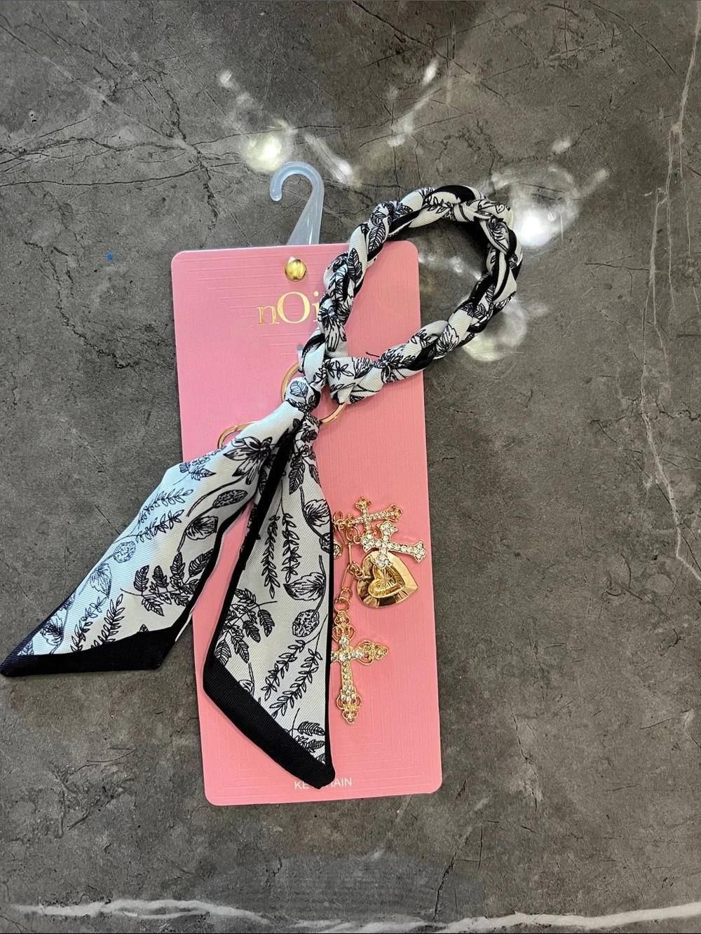nOir Jewelry Black & White Braided Scarf Keychain with Gold Charms